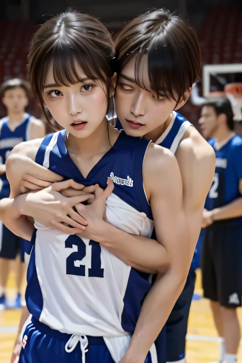 (masterpiece、Best Quality)、The clothes are see-through、(Beautiful nipples)、basketball、basketballの服、sweat、A man hugs her from behind、Man grabbing hand、A man touches his chest、Shooting position、Leaning forward、Look at this and cry