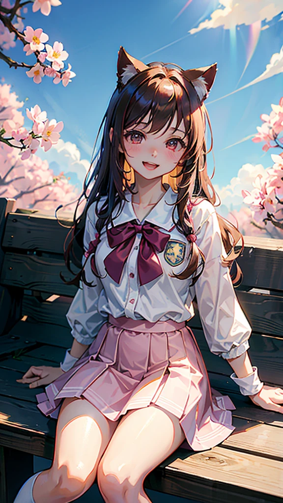 ((Tabletop, Highest quality, High resolution, Hmph, Pixel Perfect, 4K, Hmph, Hmph))), One Girl, single, alone, beauty、The whole body is visible、 ((Mid-wave hair, bangs, Brown Hair)), ((Brown eyes, Beautiful eyelashes, Realistic eyes)), ((Detailed face, Blushing:1.2)), ((Smooth texture:0.75, Realistic texture:0.65, Realistic:1.1, Anime CG Style)), Medium Chest, Dynamic Angle, Perfect body, ((Red bow tie, , , White shirt, Black plaid skirt)), classroom、Looking up from below、Very embarrassing panic smile, 、、(The wind flipped up her skirt, Exposing your buttocks....................、Flip up your skirt with both hands、Her white and pink floral lace panties are completely visible)、