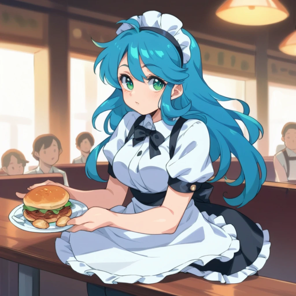 (waitress, apron,large breasts, blue skirt, (white shirt:1.05),ribon, thighhighs:1.1) big breasts, blushing, hd, score_9, score_8_up, score_8_up, source_anime BREAK 1girl, aleardef, heterochromia, blue eyes, red eyes, multicolored hair, red hair, blue hair, ((ponytail)), braid, crossed bangs, very long hair, tiara, standing, (large breasts:2.0), blush
