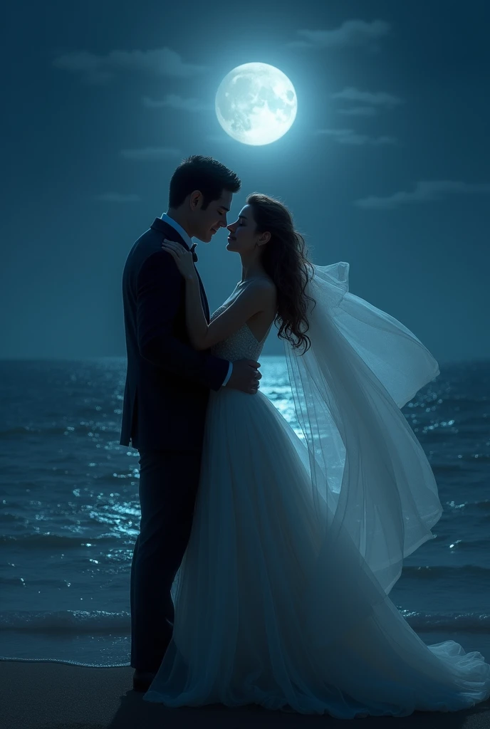 a romantic couple on a starry night under a full moon, bride in a wedding dress, groom in tuxedo, romantic, detailed, cinematic, realistic, moonlight, stars, dramatic lighting, (best quality,4k,8k,highres,masterpiece:1.2),ultra-detailed,(realistic,photorealistic,photo-realistic:1.37),dramatic, cinematic composition, beautiful night sky, glowing moon, sparkling stars, elegant wedding attire, loving embrace, soft focus, warm color palette, dramatic chiaroscuro lighting
