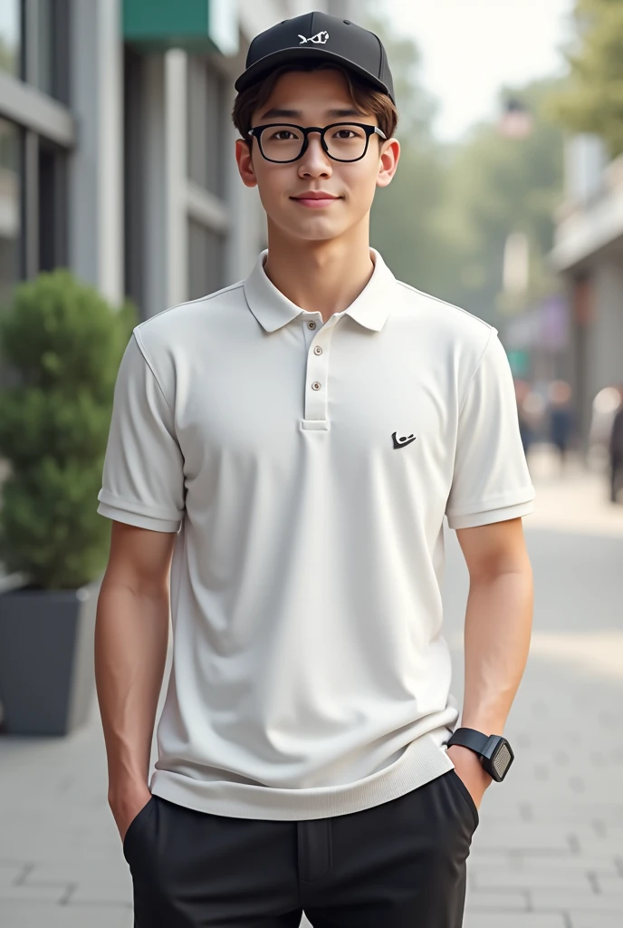 young korean man , 1 boy, white skin , Fine skin, 1 boy, ((realistic)), abdomen, good light quality, muscle veins, ((Pale skin)), football player, (Masterpiece, Special quality, high resolution, 8K, complicated:1.2), (detailed face:1.2), handsome, , Embossed, 1 boy,alone, look at viewer, Balancing the eyes, , (Make eye contact), , black polo shirt, With super tight navy blue jeans., big Embossed (In the countryside:1.5), (field:1.3)