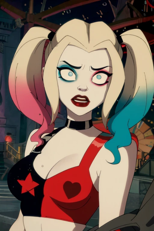 (8k uhd, masterpiece, best quality, high quality, absurdres, ultra-detailed), 1girl, ((perfect eyes)), vivid colors, intense colors, cartoon style, harleyquinn, large breasts, cleavage, ((happy expression:1))Mind controlled,hypnotized, spirl eyes,sweaty, smell fog, stinky,hypnotized eyes