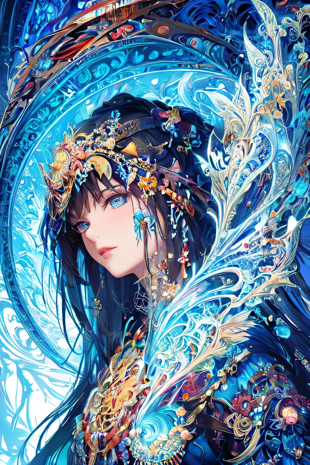 Mantra, blue, bust, dark background