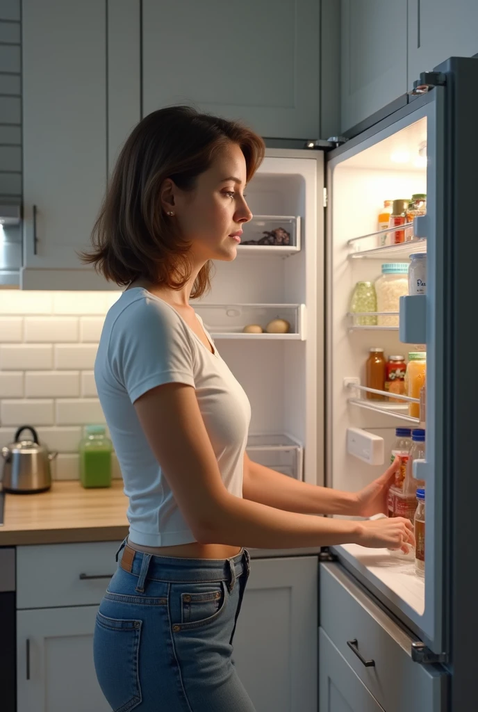 a woman in slippers and lace underwear with brown hair stands in the dark, opened the refrigerator, full face