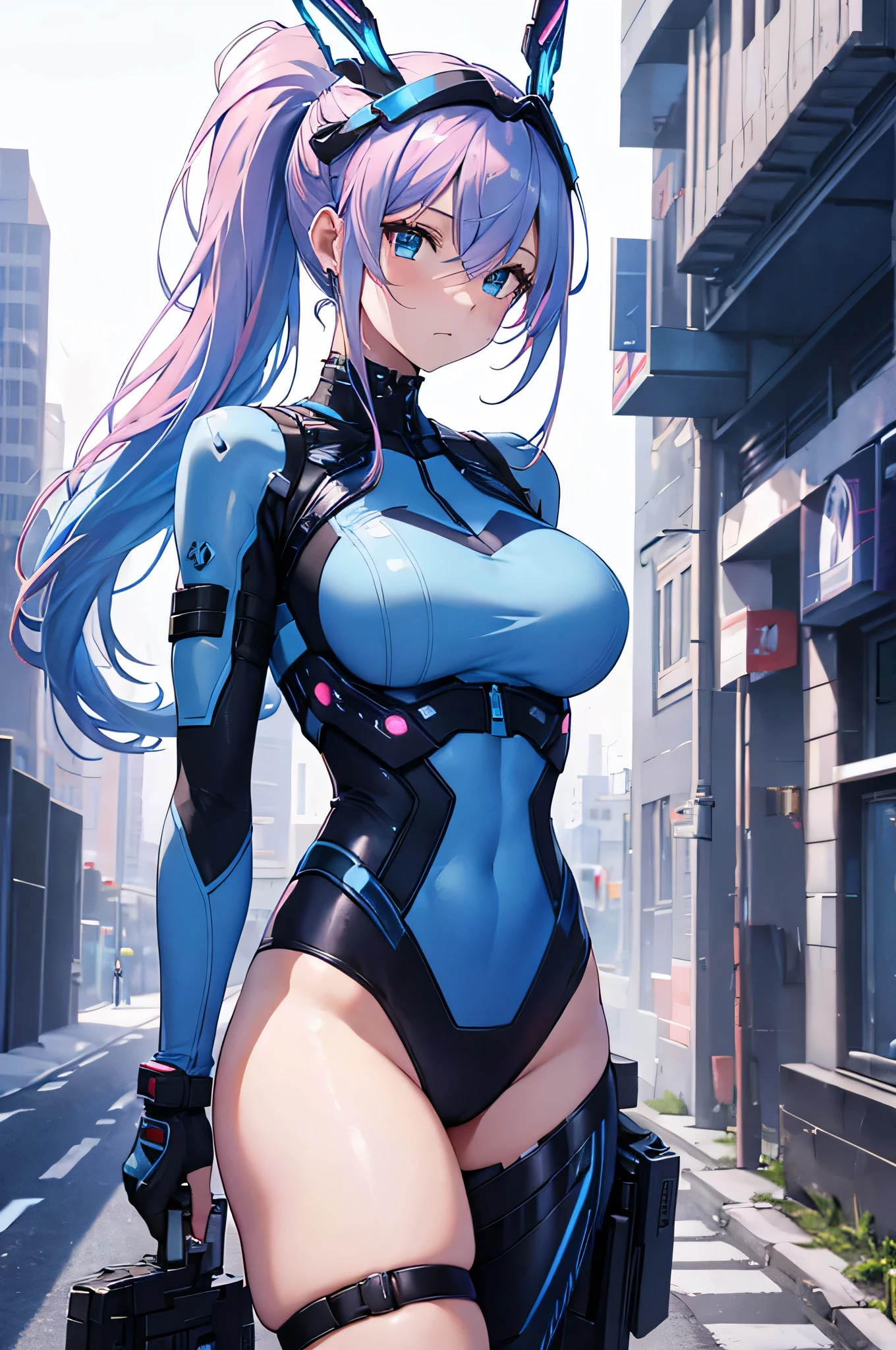 robot girl, solo, fitting suit, colorful hair