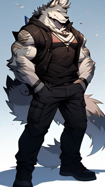 A Top Right Side Picture of A Very Muscular Furry style Gray Wolf. he is wearing A Full Dark Green Soldier suit. He is looking at the viewer. The background is just colour white. His hair is spikey and very messy. He have A gray hair. He have a little smile with blushes on his face in shyness. He have a very long gray tail. he have gray eyes. his one hand is scratching his head while his other hand is in his pockets. he is standing in the background, His tail is curling in front of him