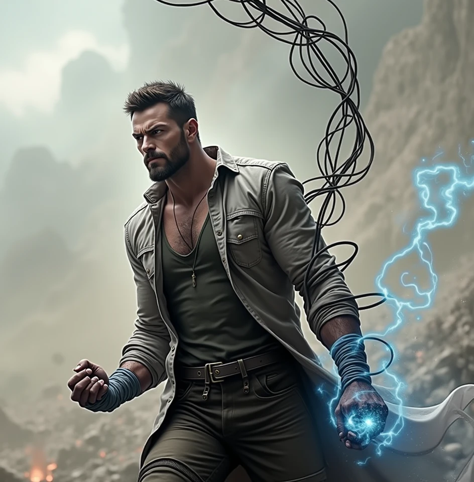 hyper detailed masterpiece, dynamic, awesome quality, a rude looking male inmate casting unrefined dirt DonMM4g1cXL magic, Perfect Hands, beautiful face, perfect eyes, muscular, ripped shirt, rugged face, dirty, unkept hair