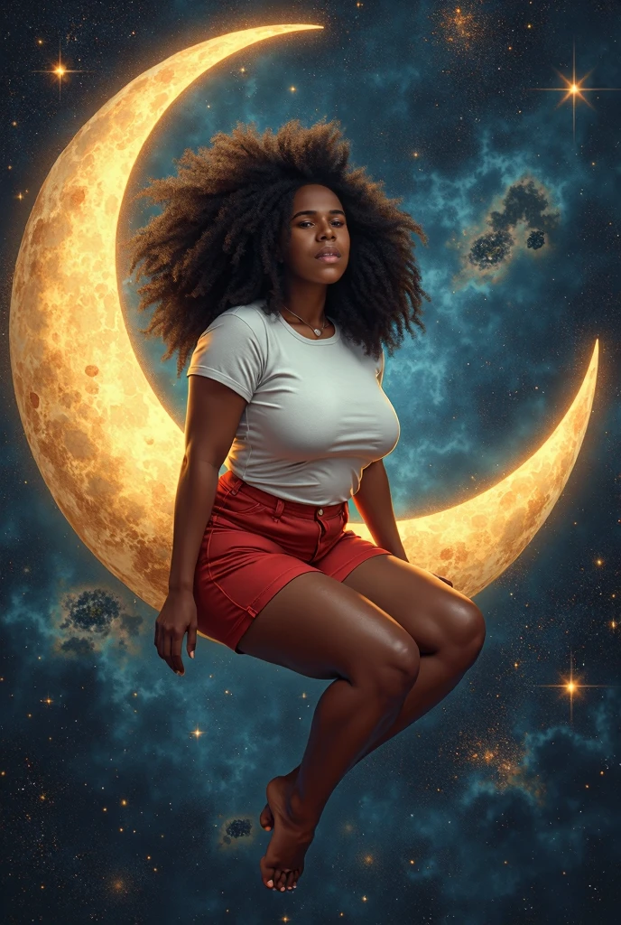 Uma mulher negra gorda com os cabelos cacheados até os ombros olhando para cima e em cima de uma pilha de quatro livros de pé com plantas saindo dos livros um gato deitado em cima dos livros próximo ao pé dela com as Phases of the moon sobrevoando a cima da cabeça e simbolos africanos de candomblé espalhados sobrevoando ao redor dela. exuding lightness, delicacy and her passion for literature, Phases of the moon, cats and African culture