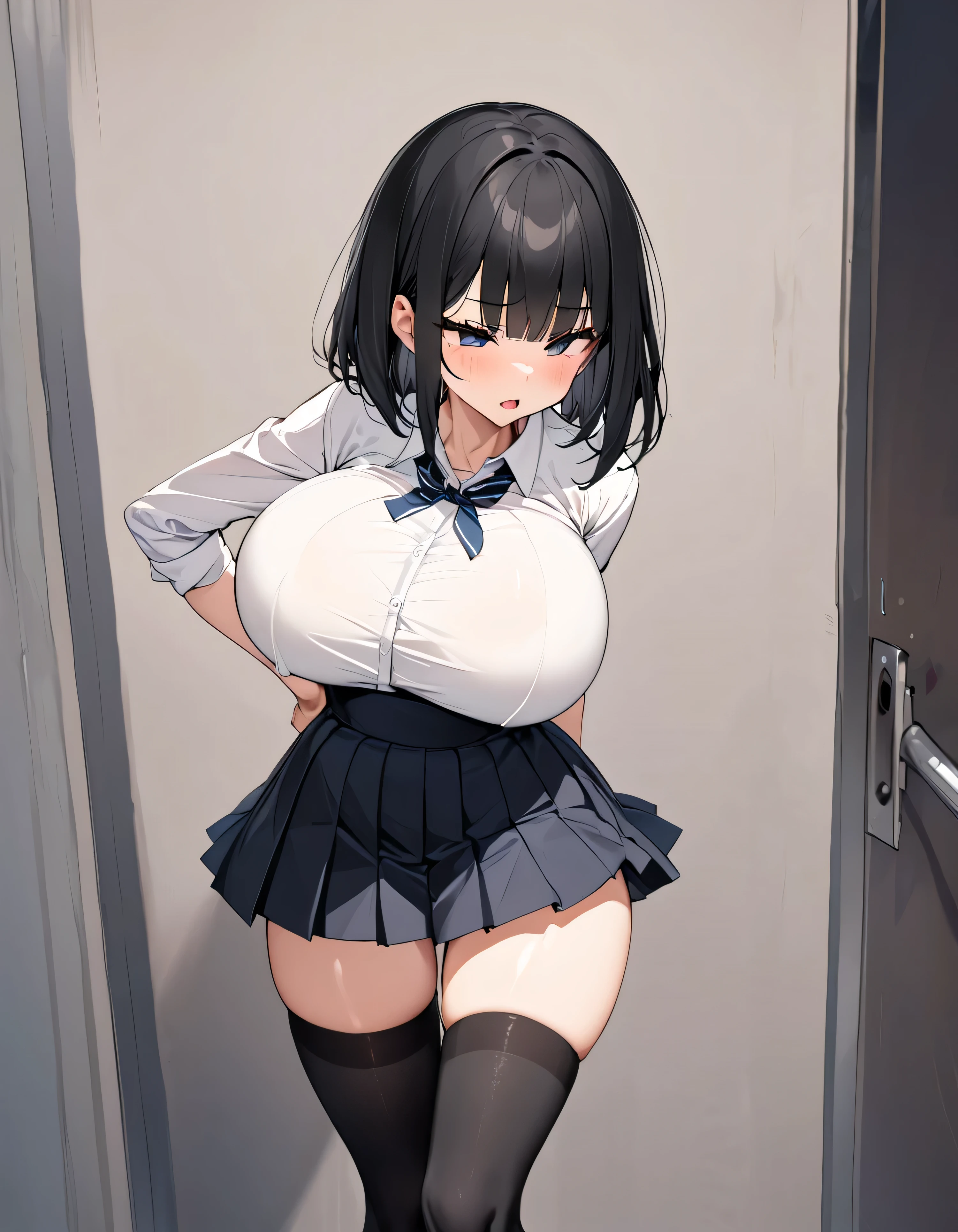 (solo), (1 skinny girl standing at school alone), (swaying back), arms behind back, tiptoe, BREAK, black bob cut, blunt bangs, (violently bouncing huge breasts:1.3), bursting huge breasts, (long breasts), narrow shoulders, very short torso, skinny narrow waist, long skinny legs, BREAK, school uniform, (white blouse with closing chest:1.2), pleated black high-waist skirt, thigh gap, (inky-black thighhighs:1.3), BREAK, {orgasm}