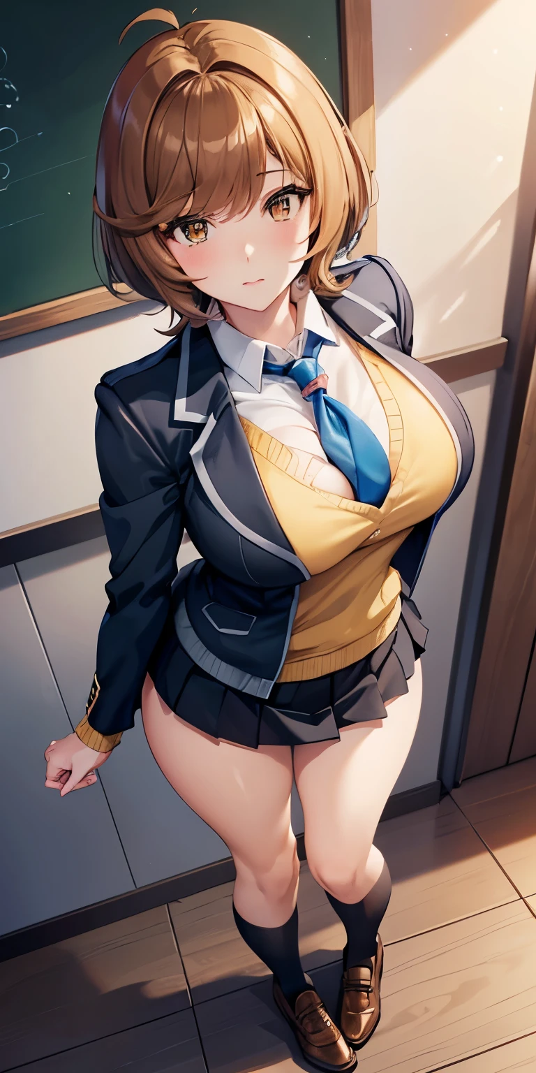 1 Female,High definition,high resolution,Ultra-realistic,8K, hmza, short hair, antenna hair, brown eyes, school uniform, blue necktie, yellow shirt,black jacket, long sleeves, black skirt,tight skirt, miniskirt, large breasts, brown shoes,large breasts,European,sexy,Upper body close-up,Photographed from the front,Dynamic Angles,private teacher,A little sheer underwear,blue underwear,blush, big tits ,(top view),(full body), perfect face,cute face