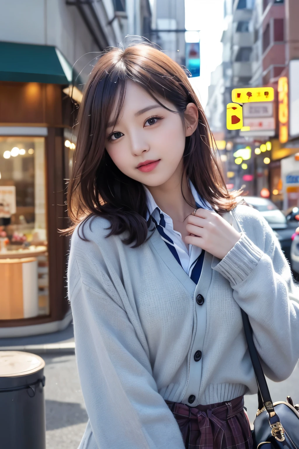 High quality, Ultra detailed, best quality, insanely detailed, beautiful, masterpiece、8k、nsfw、spread ?????、upskirt、skirt lift、skirt lift by myself、((show off pussy1.4))、pubic hair、????? focus、public indecency、((from below:1.2))、looking at viewer、spread ?????、bottomless、cinematic lighting、、black cardigan、clothed、amusement park