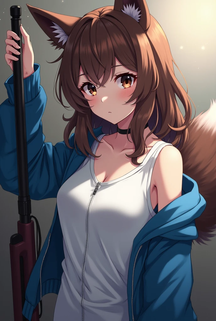  female anime character with dark brown eyes, lighter brown hair, a white shirt, blue half-zipped jacket, black shorts with white line, black leg warmers, fluffy ears and tanuki tail, posing coolly with arm leaning on a weapon. 