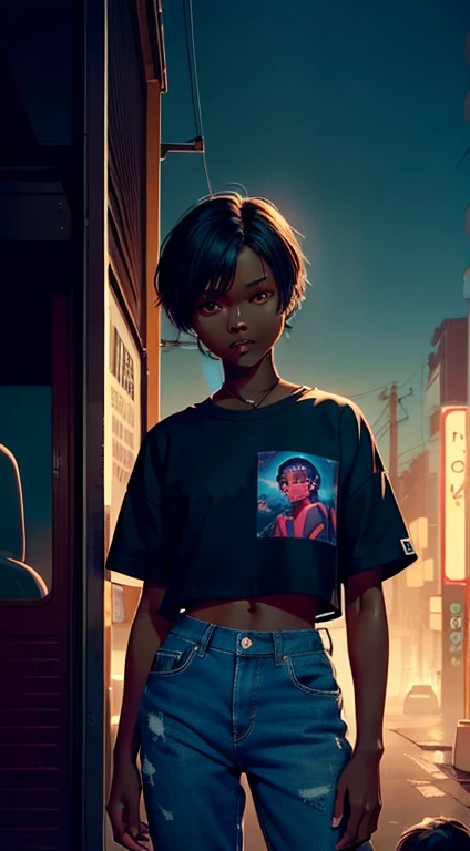  dark skinned and tomboy style with short hair, Illustrations by Aoiro Studio and Masaaki Komori, hyper detailed, neon, Cinematic lighting, Fosca ink, illustrated in oil painting style, trends on ArtStation, contemporary art, surreal and dreamlike atmosphere.