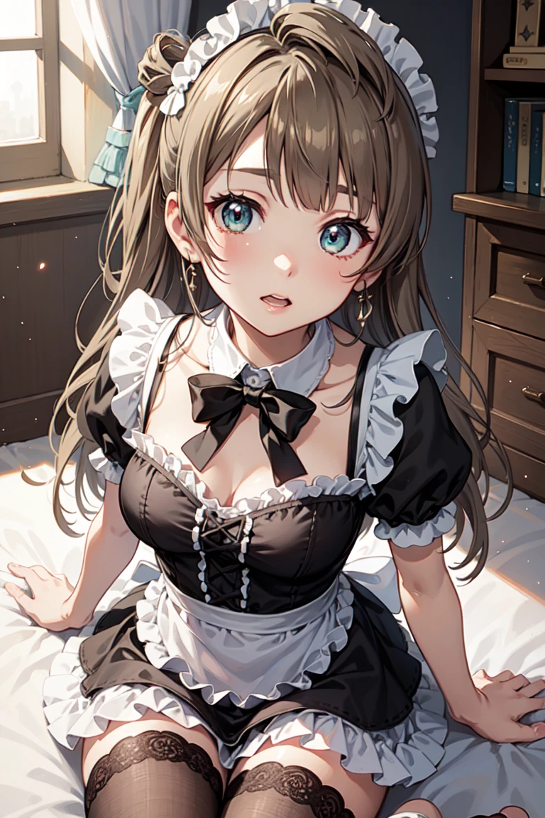 Minami Kotori, Head decoration，Masterpiece quality high resolution, Unity 8k wallpaper, illustration, Delicate eyes, Rich facial details, Highly detailed CG, Lace，Charming transparent fabric，Transparent Clothes，Broken clothes，Japanese maid outfit，Stockings