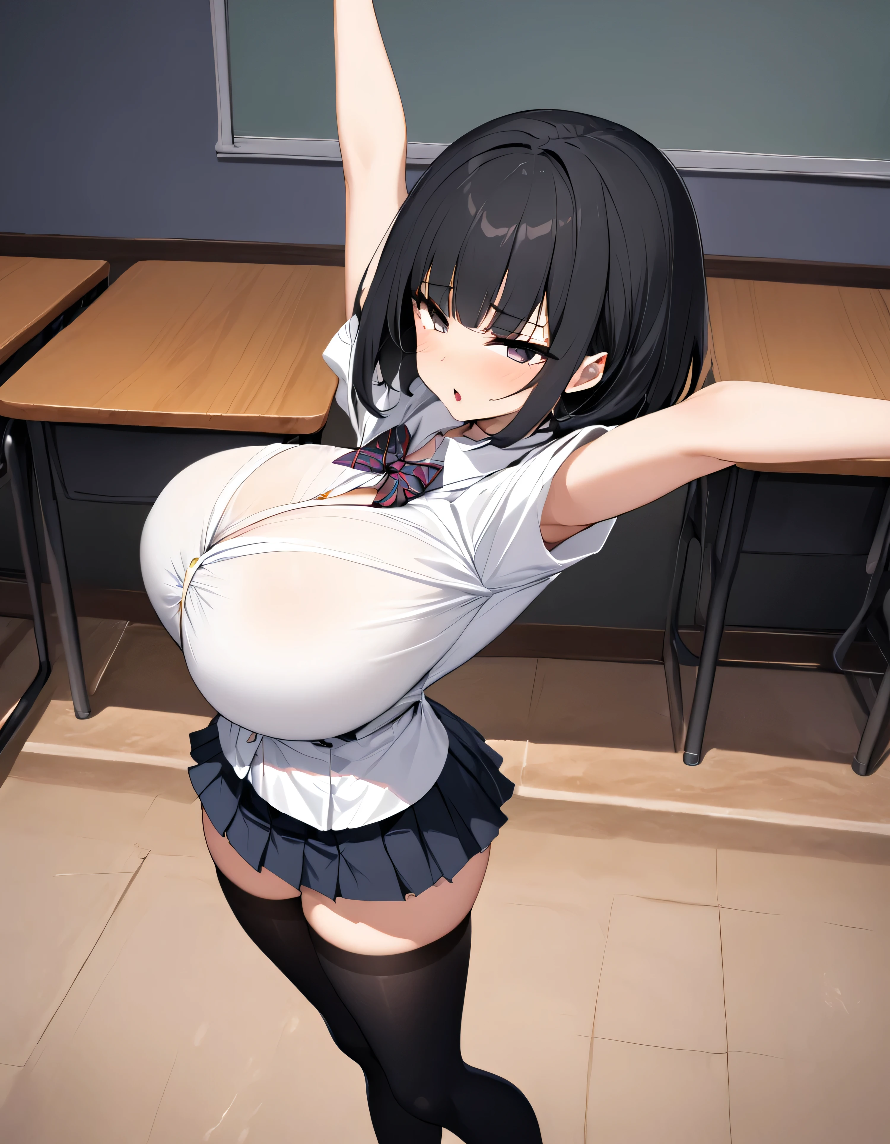 (solo), (1 skinny girl standing at school alone), (swaying back), arms behind back, tiptoe, BREAK, black bob cut, blunt bangs, (violently bouncing huge breasts:1.3), bursting huge breasts, (long breasts), narrow shoulders, very short torso, skinny narrow waist, long skinny legs, BREAK, school uniform, (white blouse with closing chest:1.2), pleated black high-waist skirt, thigh gap, (inky-black thighhighs:1.3), BREAK, {orgasm}