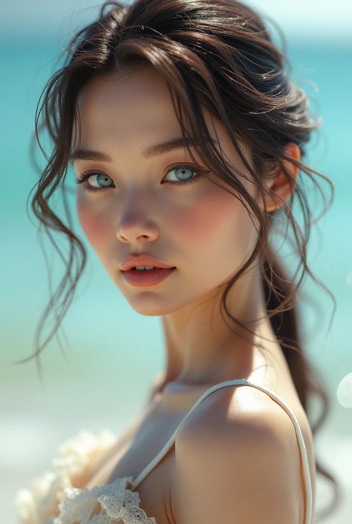 She is as beautiful as a porcelain doll, Eyes blue as the sky. a body with beautiful curves. a slim waist.