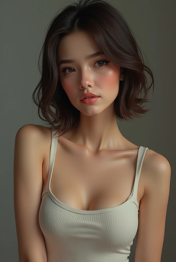 Best quality, masterpiece, ultra high res, (photorealistic:1.5), raw photo, 1girl, offshoulder, in the dark, deep shadow, low key, cold light, sexy look, short hair