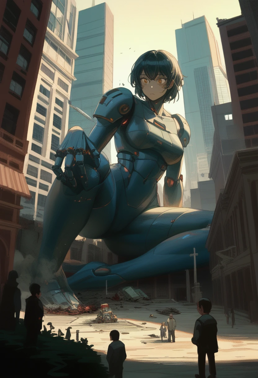 Giantess、Giantess Woman、Giantess、Dynamic Lighting、Looming、Crouch down、sit、A woman bigger than the building、8k、High Quality、high quality、Draw women big、Robot Body、A woman with a body made of iron、A woman bigger than the building、Black Hair、Small breasts、Miniature Buildings、Miniature city、Miniature destroyed buildings、Giant destroying buildings、Destroying a building with hands、Ruined City、Broken Building、City in Ruins、big disaster、Aerial photo