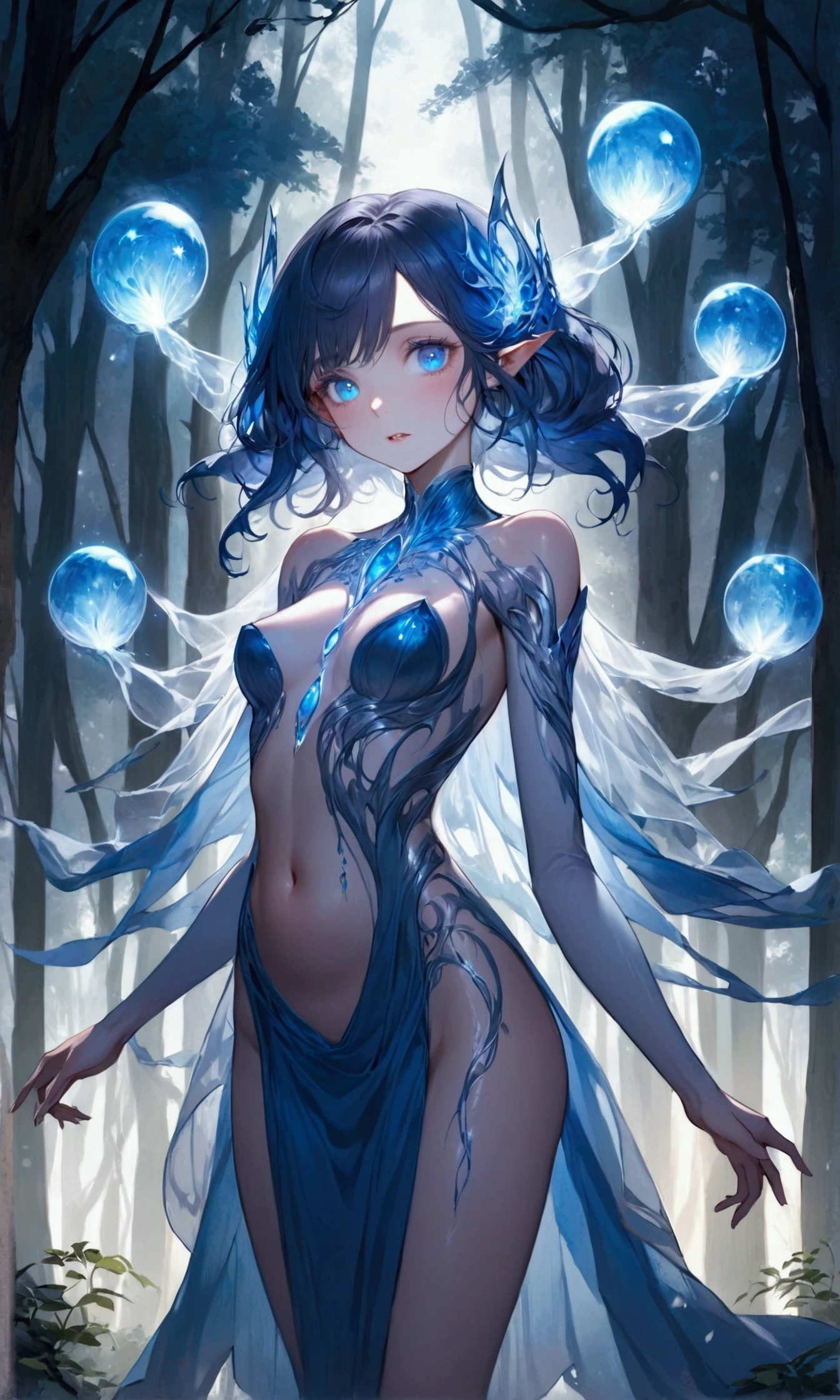 Best AI image generation creator、excellent anatomy,skin texture、Semi-classic, beautiful, Minimalist colors, Charming and elegant,shining light, transparent(1 girl),fairy wings, blue hair, Semi-transparent blue costume, white background