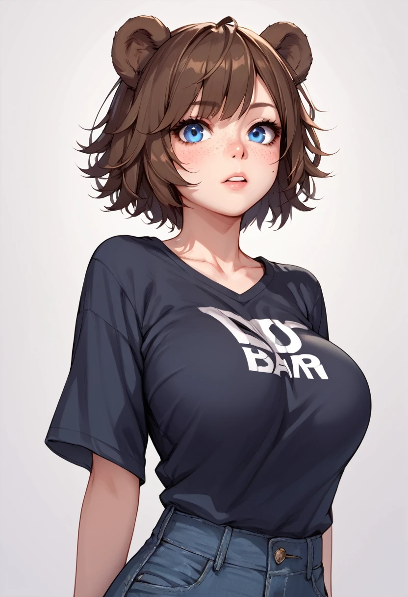 score_9_up, score_8_up, score_7_up, 1girl, solo, source_anime, hourglass figure, Big breasts, kemonomimi, bear ears, brown hair, short hair, messy_hair, blue eyes BREAK freckles, 