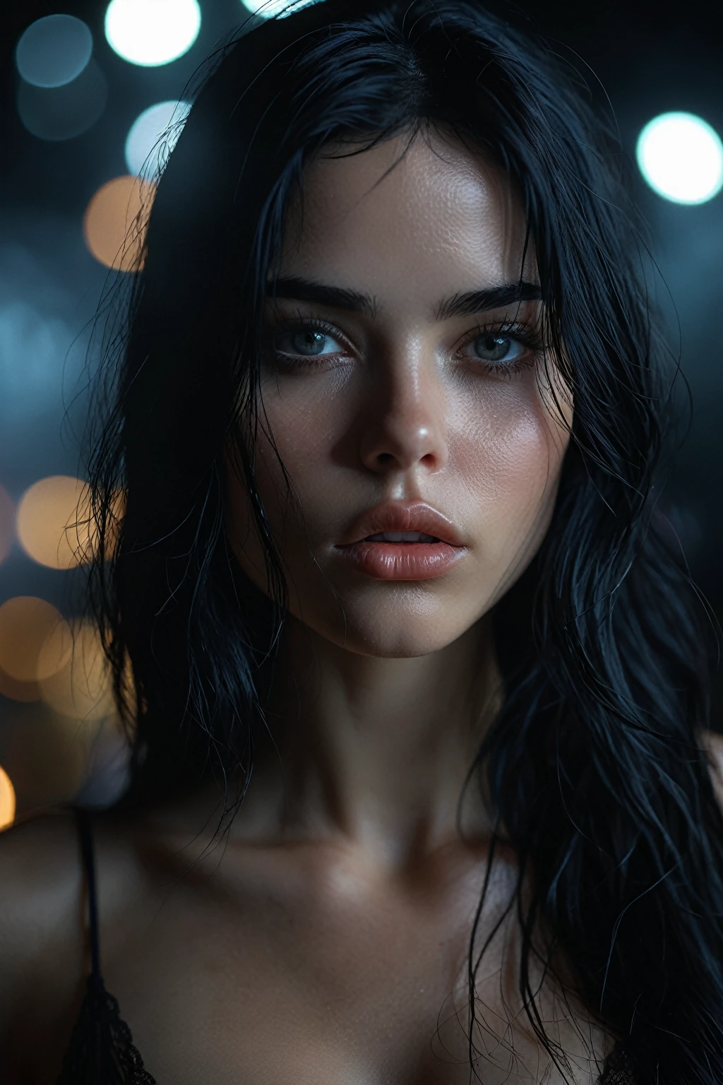 1girl,jet black hair and Grey eyes, low light, darkness, full thick pouty lips, artistic masterpiece, (mist:0.6), cinematic film still photography, 35mm photograph, film, RAW photo, detailed photo, gorgeous, shallow depth of field, bokeh, (surreal:0.4), hyper detailed photorealistic life-like accurate proportional 8k sharp focus, (accurate cinematic lighting), photorealistic detail, (selective focus:0.6)