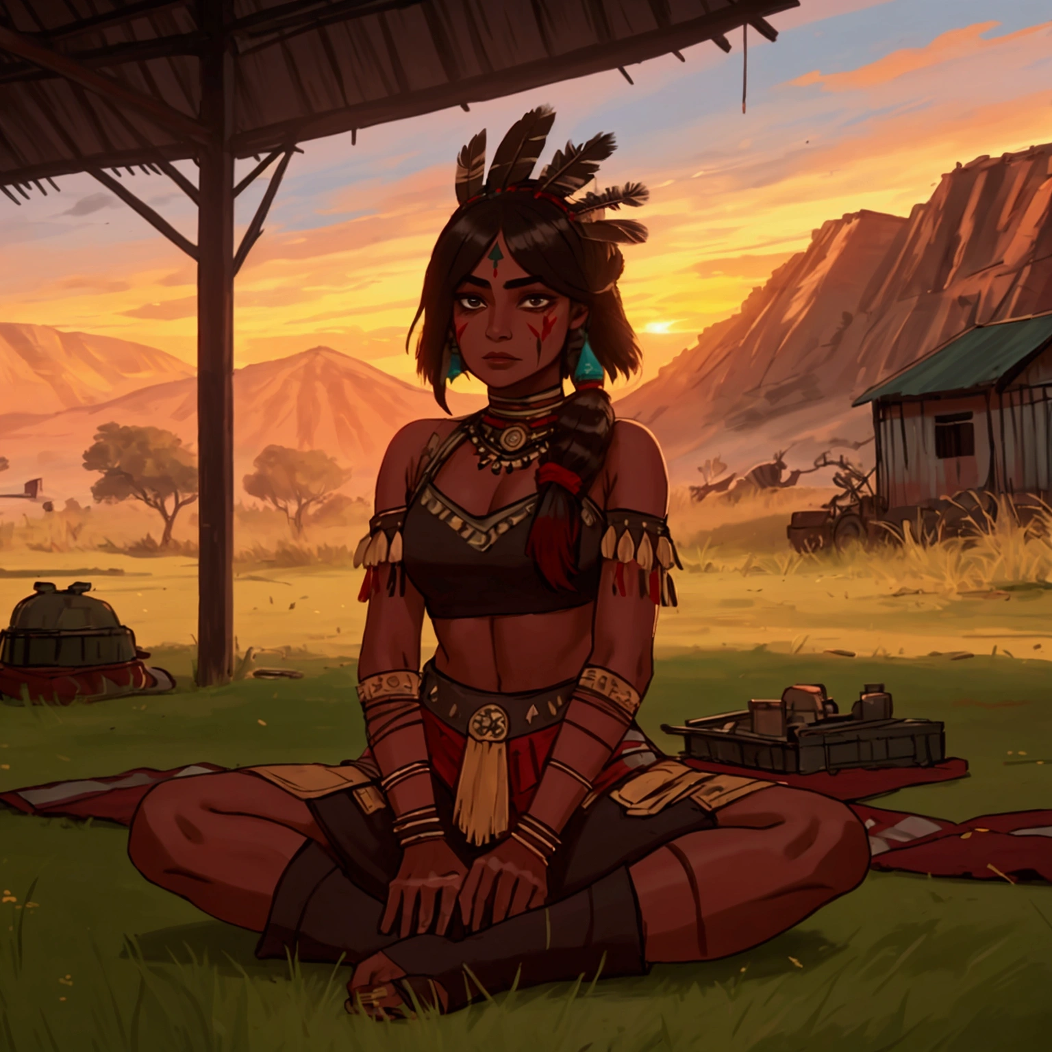 The Perfect Picture, 1 girl, solo, Indian, feather headdress, war paint on the face red, black, Indian settlement, revealing clothing, Sitting on the grass, spreading legs, sunset, looks at the viewer, Bob hairstyles, dark hair.