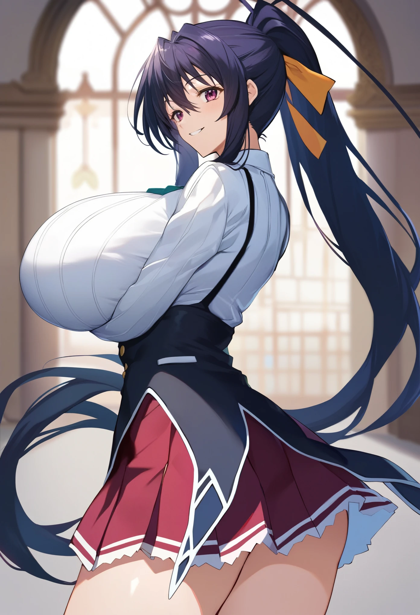 An anime-style artwork depicting akeno himejima from the anime from the anime High School DxD Tags: akenohimejimaSDXL, , (school uniform:1.1), (black hair:1.1), purple eyes, looking at viewer, long hair , anime, detailed eyes, detailed lips, ass, 1girl, solo, huge breasts, smiling expression, intense gaze, dynamic pose, indoor, palace, vibrant colors, digital art, high-resolution, professional quality, gigantic breasts, cleavage), curvy, cowboy shot, (gigantic breasts: 1.1),