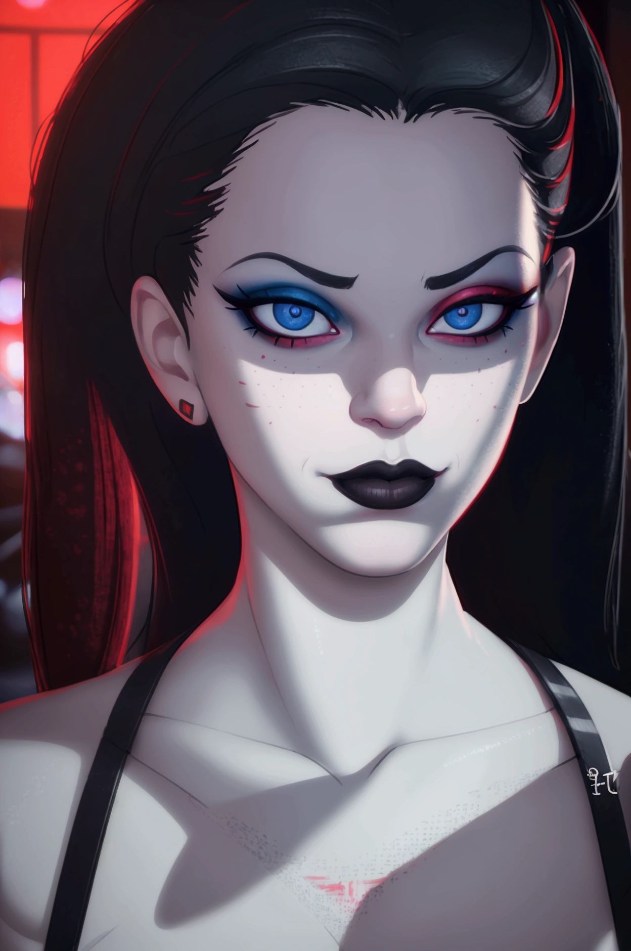 harleyquinn, sexy, red lipstick, beautiful detailed eyes, beautiful detailed lips, extremely detailed face, longeyelashes, black and red outfit, cleavage, cinematic lighting, bright colors, neon lights, dark moody, photorealistic, (best quality,4k,8k,highres,masterpiece:1.2),ultra-detailed,(realistic,photorealistic,photo-realistic:1.37)