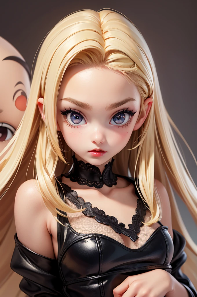 hyperrealistic 14 year old american teen, blonde, little, perfect tiny body, sexy, dark makeup, perfect slim face, big red lips, very cute face, tiny body, big eyes, young looking, childish looking, little clothes, showing tits
