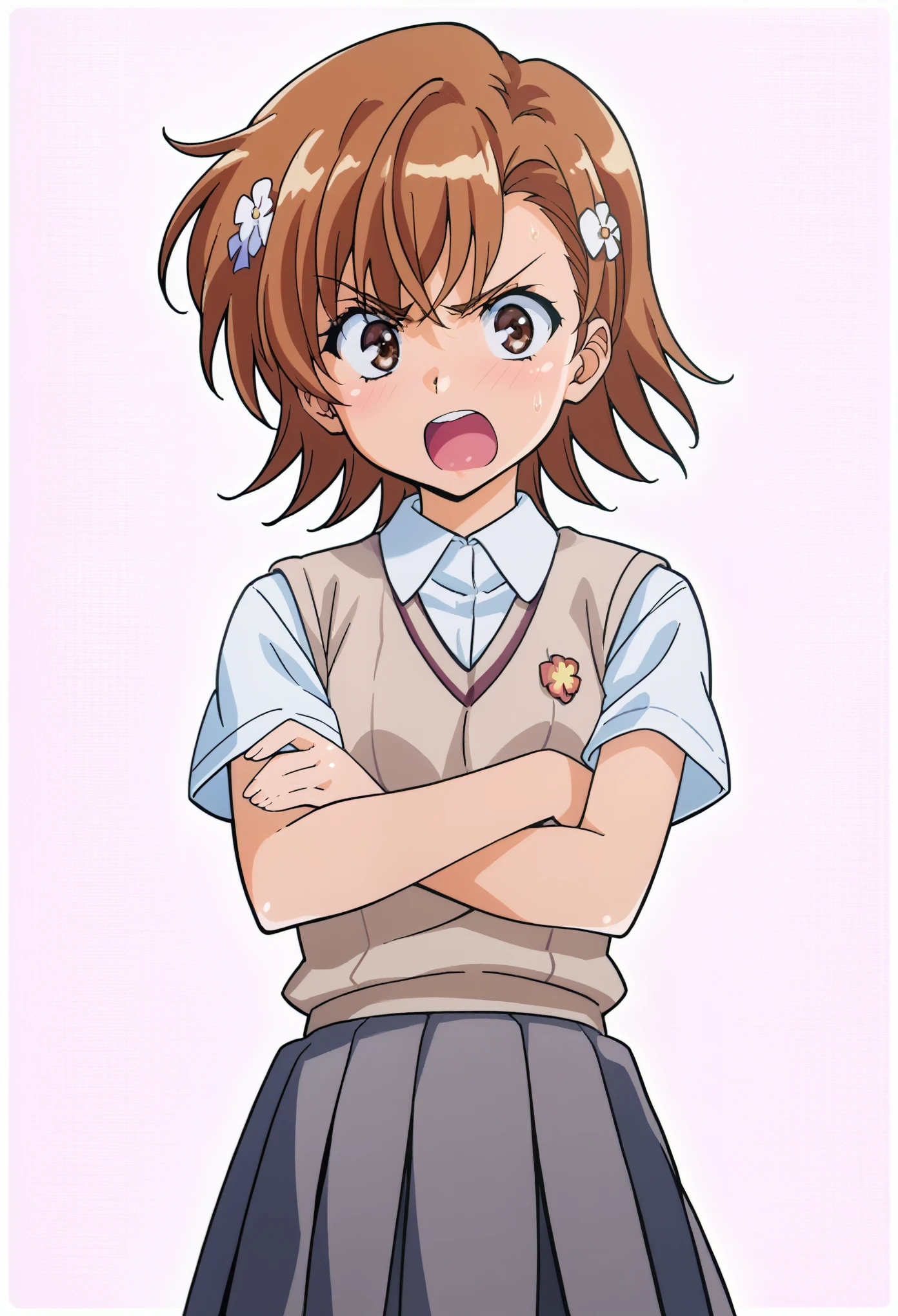 score_9,score_8_up,score_7_up, cowboy shot, 1girl,solo, mikoto misaka, short hair, brown hair, left flower hair ornament, brown eyes, skirt, shirt, school uniform, white shirt, short sleeves, pleated skirt, grey skirt, sweater vest, tokiwadai school uniform, angry, open mouth, (embarrassed:1.2), cute background, 