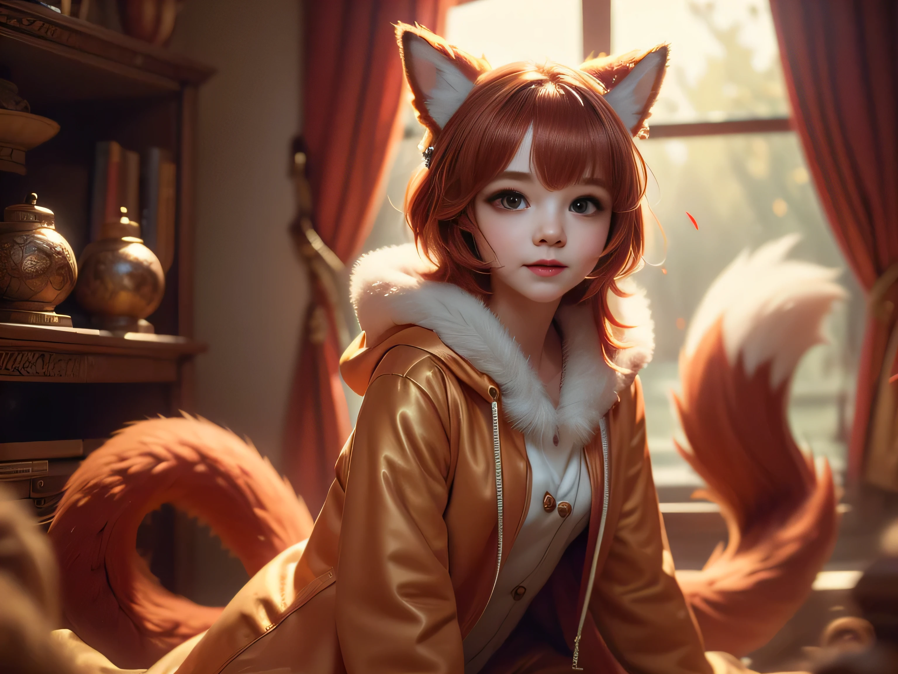 (Best Quality, Super Detailed, masterpiece, representative work, official art, professional, super high detail, 8k:1.3) Cute girl face, ginger hair, ((brown)) eyes, 1 girl, fox costume, hood, fox tail, furry, kneeling, girl dressed as furry, Vivid colors, Red hair, Innocent expressions, Playful features, Natural lighting, Soft background, Photorealistic, Shining eyes, Sharp focus, Glowing skin, Sweet and mischievous look, Hint of mischief, Dreamy atmosphere, Delicate details, soft volumetric light, (backlight:1.3), (cinematic:1.2), intricate details, (ArtStation:1.3)