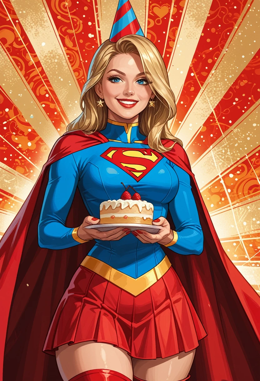 (score_9, score_8_up), score_7_up, KaraKent, photo, front view, real, smilling, happy, supergirl, super girl, blonde hair. smilling, thighhighs, thigh boots, blue top, long cape, long sleeves, red skirt. (wide hips, wide thighs), make up, happy, thigh gap, nail polish, (((holding a cake))), (party hat), hero aura, narrow waist, dutch angle, shiny skin,1girl, solo, blonde, smirk, blue eyes,, ((supergirl-outfit)), dressed as supergirl, (medium boobs), long hair. adorable face, seductive face, (saggy breast), BREAK,  (abstract background:1.5), abstract background, highly detailed face, romantic ligthing, BREAK, (masterpiece), (wide hips, wide thighs), make up. nail polish, narrow waist, (perfect hands), red lips, (big hips), hourglass body, ultra-detailed clothes, best quality, expressive eyes,, solo, thick thighs,,((mature woman)), perfect face, eyelashes, (perfect eyes), nail polish (perfect fingers),(masterpiece:1.2), (best quality:1.2), (very aesthetic:1.2), (detailed background), intricate details, (((Perfect Hands))), 