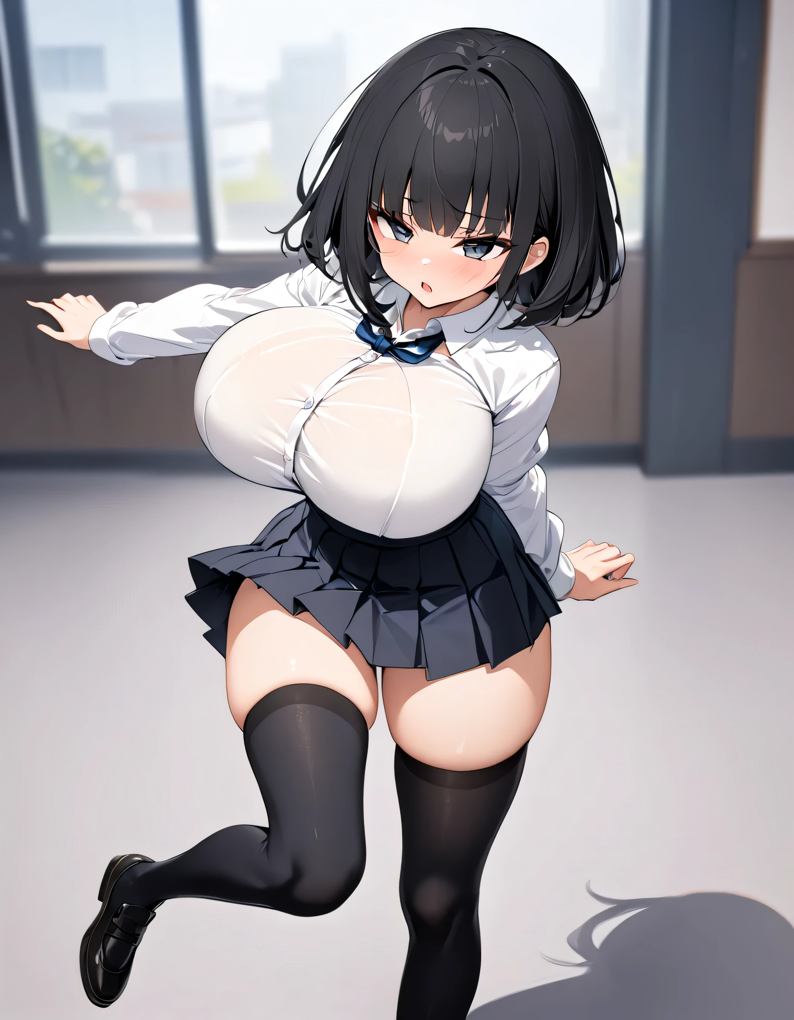 (solo), (1 skinny girl standing at school alone), (swaying back), arms behind back, tiptoe, BREAK, black bob cut, blunt bangs, (violently bouncing huge breasts:1.3), bursting huge breasts, (long breasts), narrow shoulders, very short torso, skinny narrow waist, long skinny legs, BREAK, school uniform, (white blouse with closing chest:1.2), pleated black high-waist skirt, thigh gap, (inky-black thighhighs:1.3), BREAK, {orgasm}