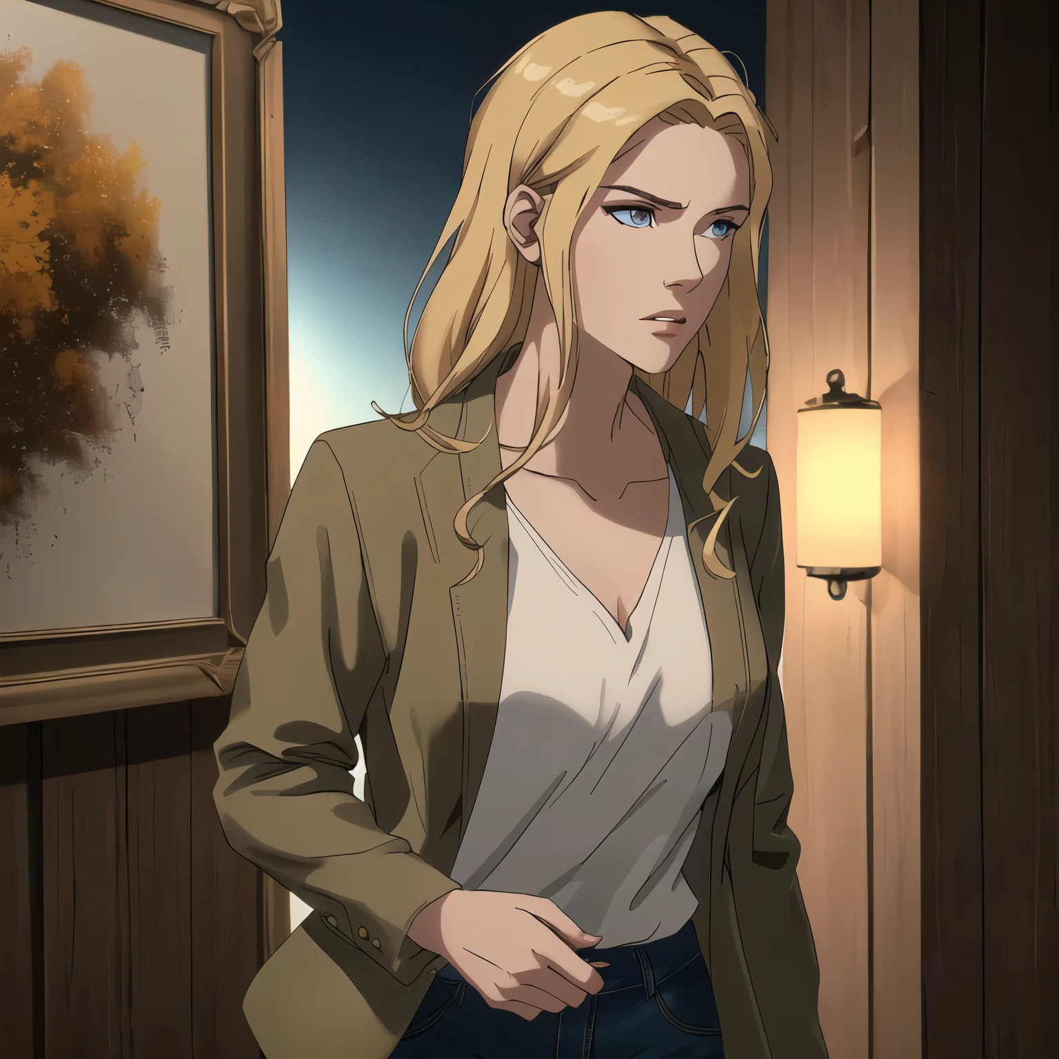 a woman in casual clothes, modern clothes, galadriel, serious expression, looking side, light colors clothes, dark colors jacket, dark jacket, pale skin, golden hair, blonde hair, vey beautiful face, (best quality,4k,8k,highres,masterpiece:1.2),ultra-detailed,HDR,UHD,studio lighting,ultra-fine painting,sharp focus, physically-based rendering, extreme detail description, professional, vivid colors, bokeh, cowboy shot