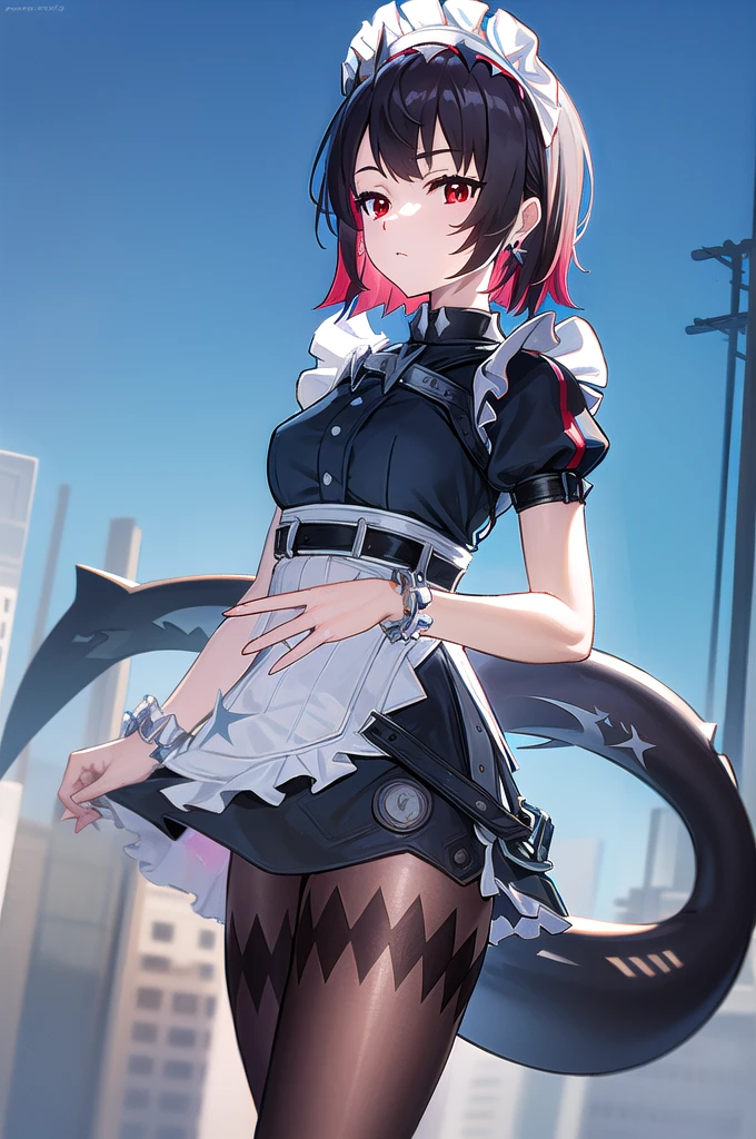 ellenjoe, ellen joe, black hair, colored inner hair, multicolored hair, (red eyes:1.3), red hair, short hair, two-tone hair,
BREAK bapron, black pantyhose, black shirt, black skirt, ear piercing, fins, fish tail, maid, maid apron, maid headdress, pantyhose, piercing, puffy short sleeves, puffy sleeves, shark girl, shark tail, shirt, short sleeves, skirt, tail, two-tone hair, wrist cuffs,
BREAK outdoors, city, sky, clouds, sun, park
BREAK looking at viewer, (cowboy shot:1.5),
BREAK (masterpiece:1.2), best quality, high resolution, unity 8k wallpaper, (illustration:0.8), (beautiful detailed eyes:1.6), extremely detailed face, perfect lighting, extremely detailed CG, (perfect hands, perfect anatomy), shot from below, exposed panties
