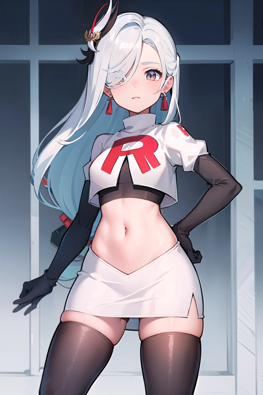 masterpiece, best quality, shenhe \(genshin impact\),hair over one eye, grey eyes, long hair, 1girl, solo, earrings, hair ornament, team rocket,team rocket uniform,white skirt,red letter R,crop top,black thigh-highs,black elbow gloves