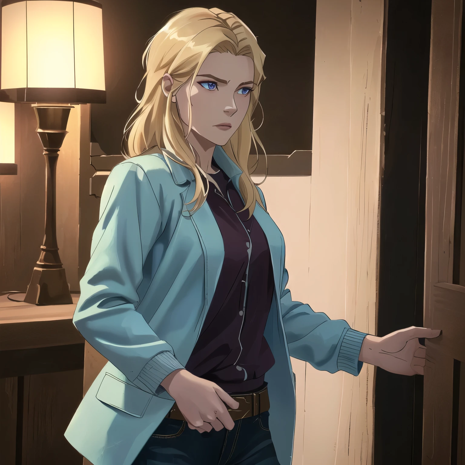 a woman in casual clothes, solo, modern clothes, galadriel, serious expression, looking side, light colors clothes, dark colors jacket, dark jacket, pale skin, golden hair, blonde hair, vey beautiful face, (best quality,4k,8k,highres,masterpiece:1.2),ultra-detailed,HDR,UHD,studio lighting,ultra-fine painting,sharp focus, physically-based rendering, extreme detail description, professional, vivid colors, bokeh, cowboy shot