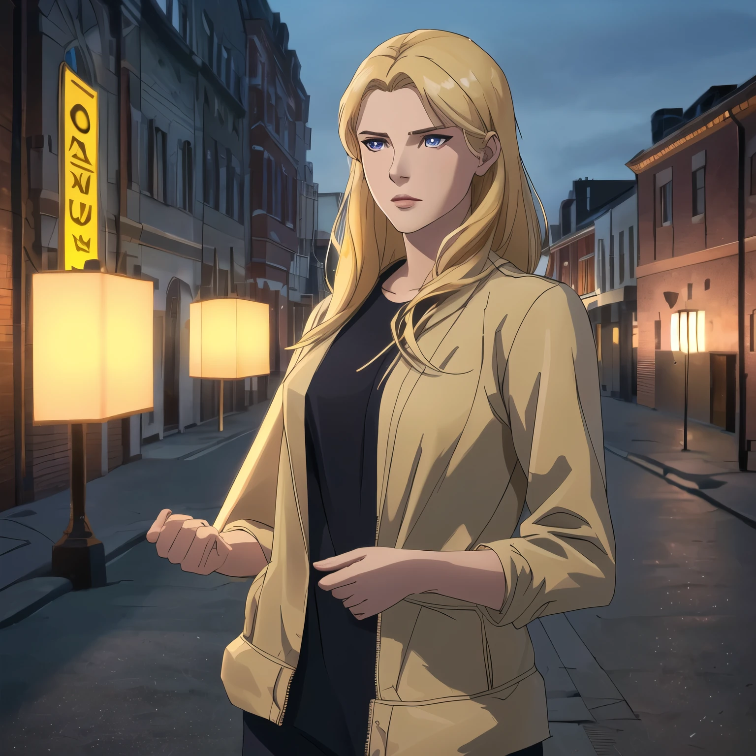 a woman in casual clothes, solo, modern clothes, galadriel, serious expression, looking side, light colors clothes, dark colors jacket, dark jacket, pale skin, golden hair, blonde hair, vey beautiful face, (best quality,4k,8k,highres,masterpiece:1.2),ultra-detailed,HDR,UHD,studio lighting,ultra-fine painting,sharp focus, physically-based rendering, extreme detail description, professional, vivid colors, bokeh, cowboy shot