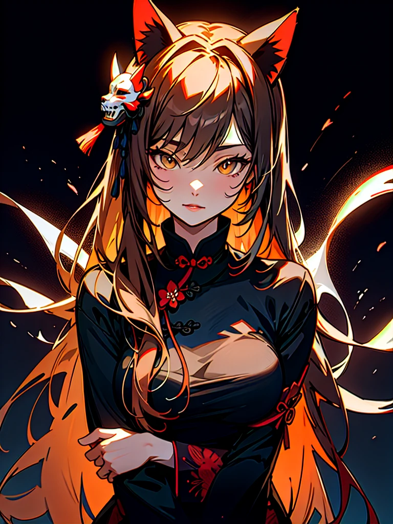 mask off China, dark black background, neon flowers, detailed, uhd, long hair, nsfw, wallpaper, long hair, light brown hair color, hair bows, cat ears