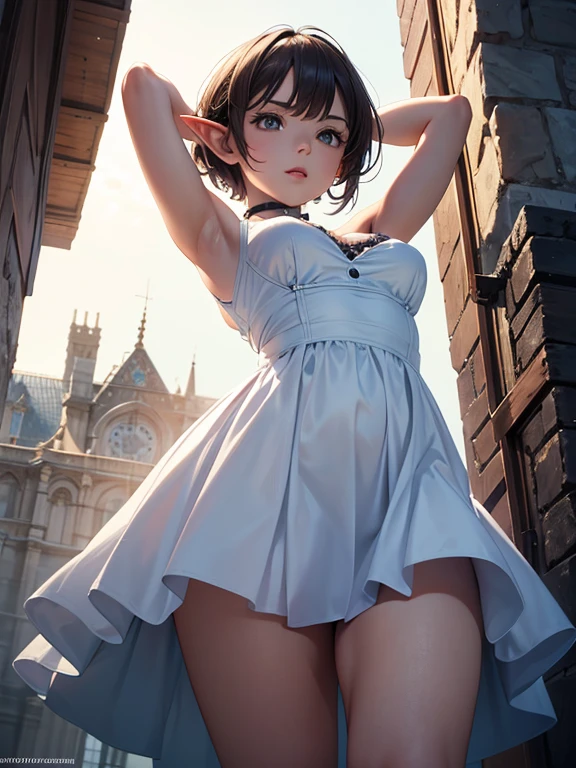 Dutch Angle Shot, break breast focus, upper body, (masterpiece, Best Quality, ultra-detailed, high resolution, extremely detailed CG, Professional Lighting), (from below:1.5), Beautiful girl with short hair outside, stand, (leaning forward:1.3), (arms up:1.3), huge tit, curvy, gleaming skin, blue and white dress, (clothed:1.5), black leather choker, break (A small goblin that grabs a woman&#39;s breast and floats around.:1.5), (tearful, tired:1.5), Fantasia, war, War, Burning house, sparks, Crumbled house, outdoor, (goblin gangbang,multiple boys:1.5)