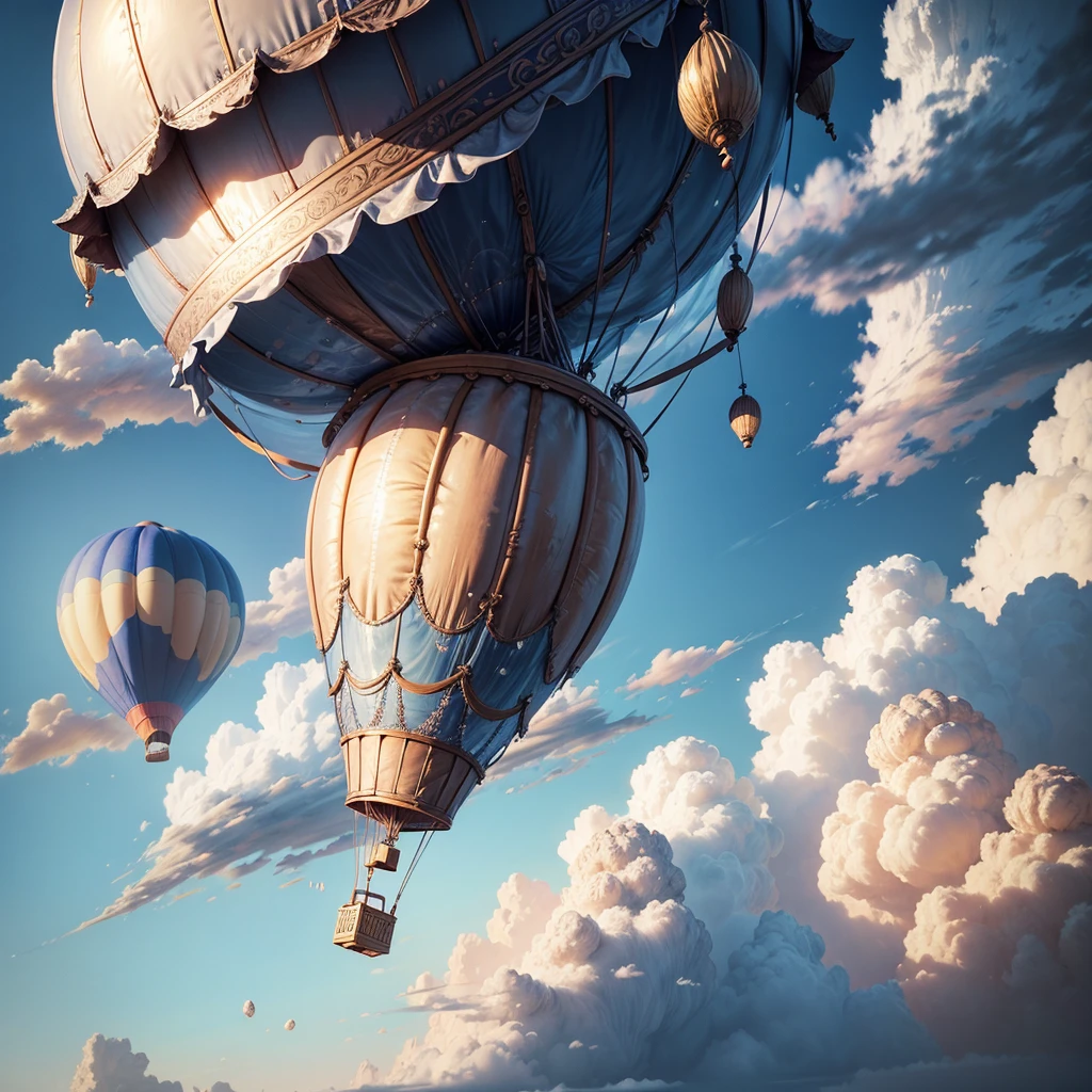 Hot air balloon made of water flying in the sky, Clouds, Halation, Intricate details, 8K, 16 K, Highest Quality, Top resolution, Ultra-detailed concept art, 24K UHD, FHD resolution