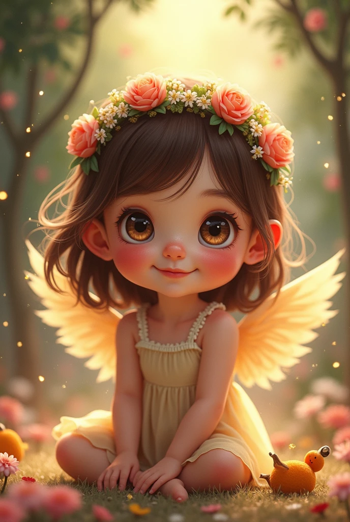 Beautiful girl, (((((small)))), showing face, tongue hanging out, short hair, brown, 8K, Professional photography, gentle, transparent, In the forest, Sun, Light leak, Masterpiece, (Beautiful)))), (reality)))), smile, fantasy, an angel, young
