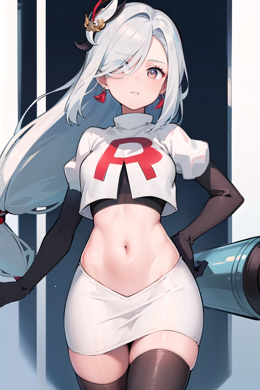 (masterpiece), 1girl, hair over one eye,magical world, shiny steps, beautiful sky, stars, jupiter, ioridef, team rocket,team rocket uniform,white skirt,crop top,black thigh-highs,black elbow gloves,