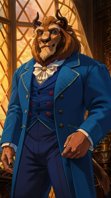 (a man as beast (/disney/)), (extremely detailed CG unit 8k wallpaper),(master part), (best quality), (ultra detail), (best illustration),(ghibli style), cowboy shot,(Sharp eyeliner, ombre, detailed eyes:1),victorian style castle interiors GHIBLI_Background,break,upper body,front view, clothed, clothing, wearing victorian suit, suit, fancy, bottomwear, muscular, horn, tail, lion tail, 