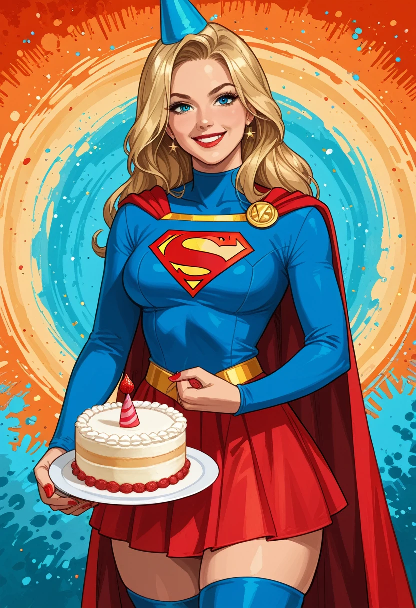 (score_9, score_8_up), score_7_up, KaraKent, photo, front view, real, smilling, happy, supergirl, super girl, blonde hair. smilling, thighhighs, thigh boots, blue top, long cape, long sleeves, red skirt. (wide hips, wide thighs), make up, happy, thigh gap, nail polish, (((holding a cake))), (party hat), hero aura, narrow waist,1girl, solo, blonde, smirk, blue eyes,, ((supergirl-outfit)), dressed as supergirl, (medium boobs), long hair. adorable face, seductive face, (saggy breast), BREAK,  (abstract background:1.5), abstract background, highly detailed face, romantic ligthing, BREAK, (masterpiece), (wide hips, wide thighs), make up. nail polish, narrow waist, (perfect hands), red lips, (big hips), hourglass body, ultra-detailed clothes, best quality, expressive eyes,, solo, thick thighs,,((mature woman)), perfect face, eyelashes, (perfect eyes), nail polish (perfect fingers),(masterpiece:1.2), (best quality:1.2), (very aesthetic:1.2), (detailed background), intricate details, (((Perfect Hands))), 