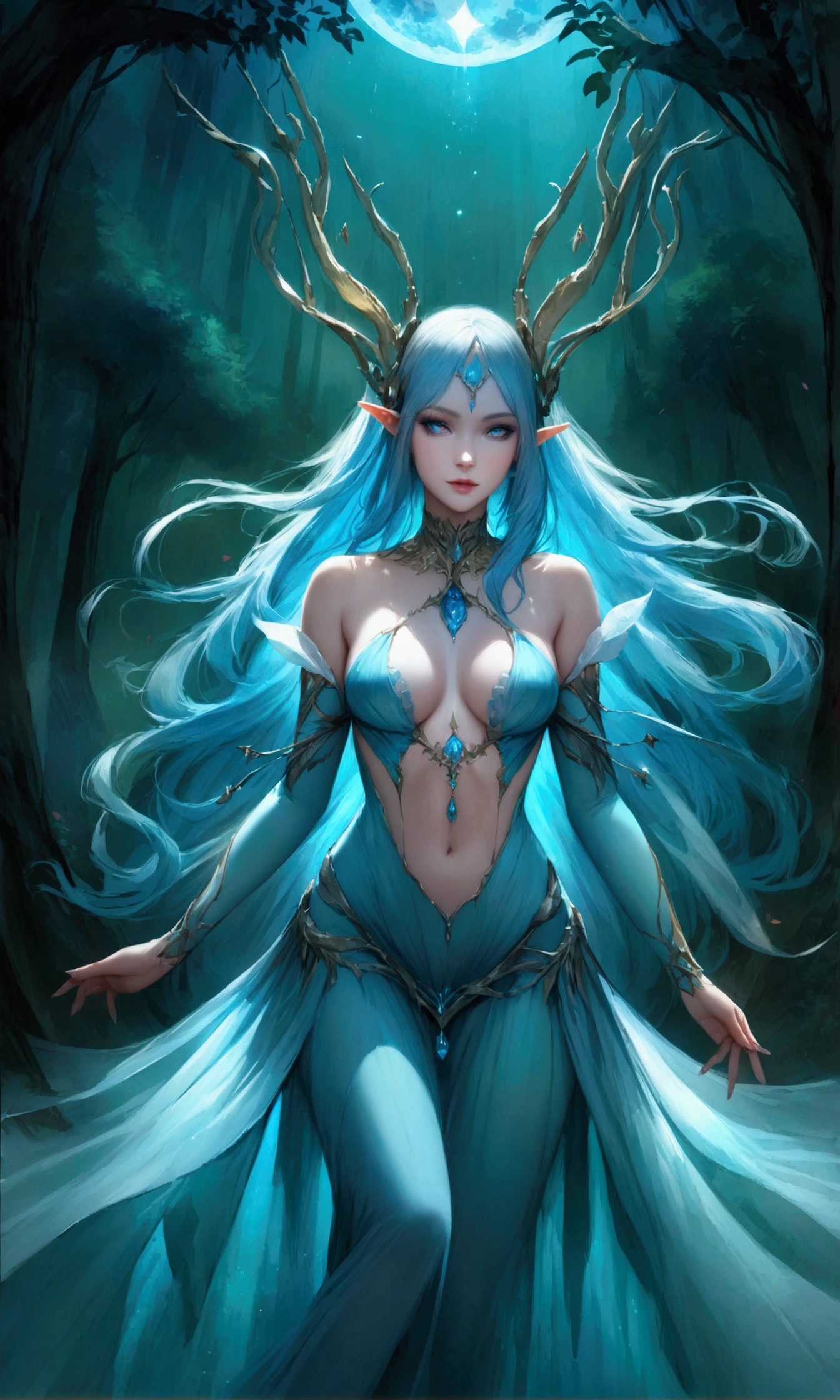 high details, best quality, 16k, [ultra detailed], masterpiece, best quality, (extremely detailed), dynamic angle, ultra wide shot, photorealistic, ((fantasy art)), dnd art, rpg art, realistic art, female human druid of the stars, guardian of nature, controlling magical energy made of stars, swirling blue stary magical light, divine symbols, DruidMagicAI (intricate details, Masterpiece, best quality: 1.5), human female,  extremally beautiful, ultra feminine, dynamic hair, dynamic hair color, wearing leather armorת holding a staff, moon light, stars, dynamic natural background,  RPG art, magical atmosphere magic-fantasy-forest, ultra best realistic, best details, best quality, 16k, [ultra detailed], masterpiece, best quality, (extremely detailed), ultra wide shot, photorealism, depth of field, hyper realistic painting, aetherpunkai