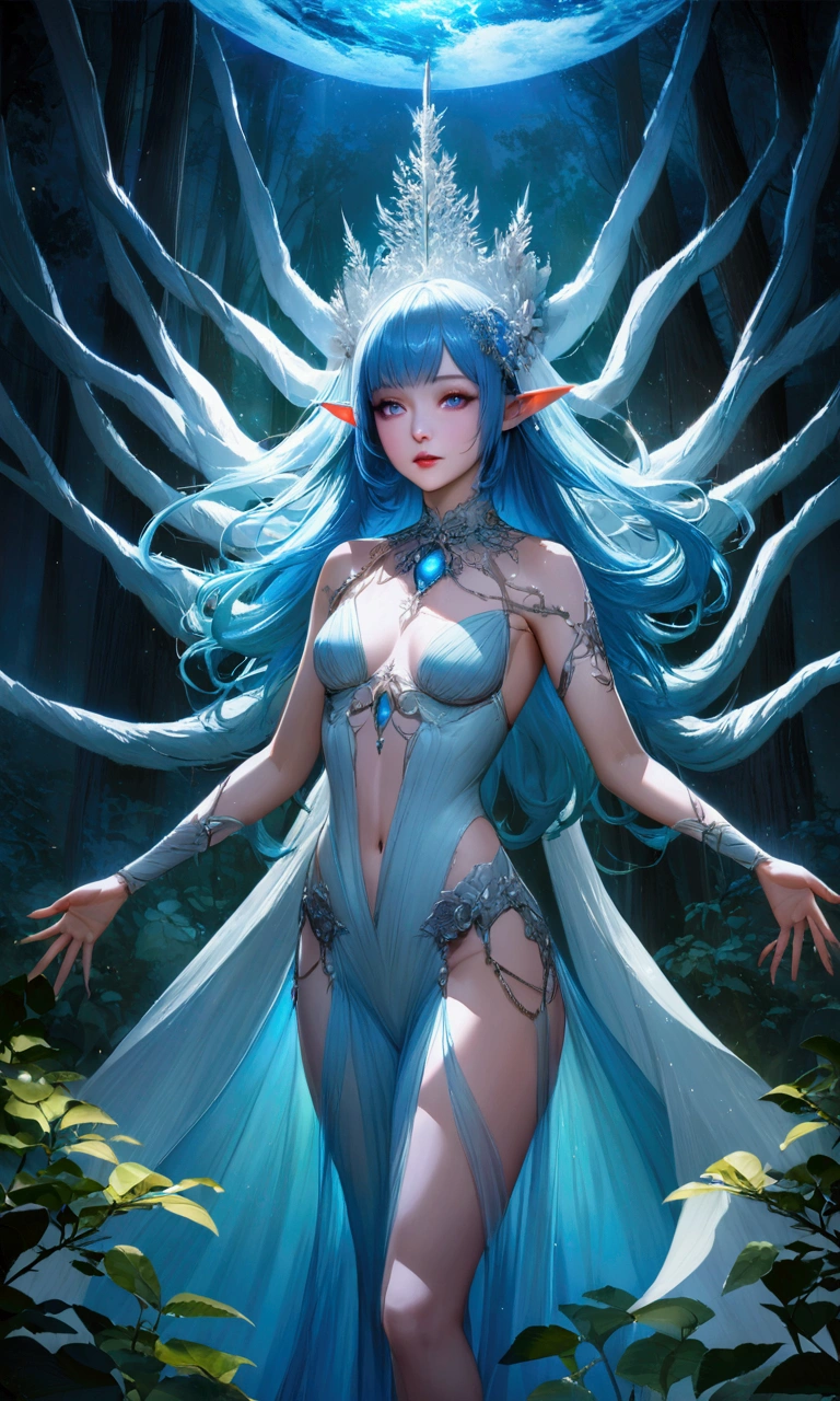 white dragon plant girl,(1个Giant Breast Girl:1.1),A girl made of dead blue plants,outdoors in the forest,in fall,