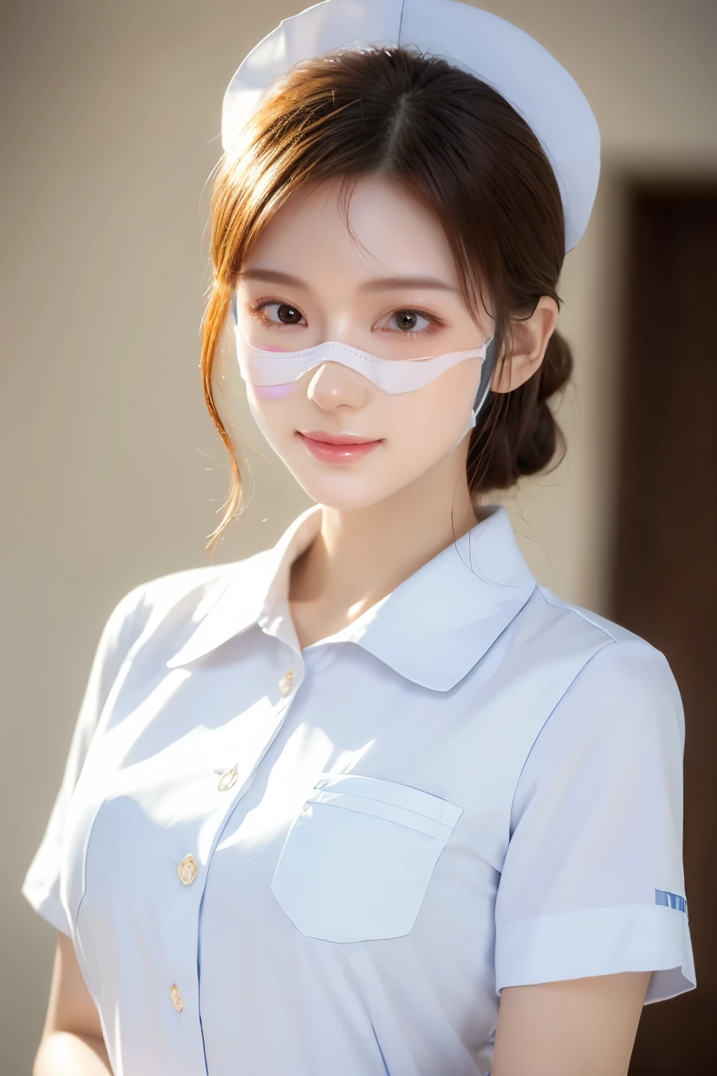 Japanese beautiful woman short hair facing the nurse isolation gown hazmat suits Infection Prevention Vinyl gloves blue ICU