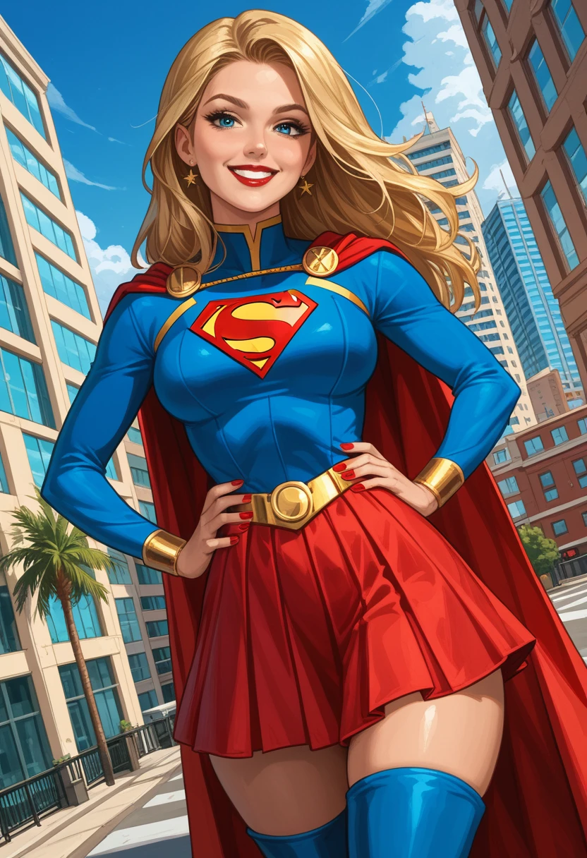 (score_9, score_8_up), score_7_up, KaraKent, photo, front view, real, smilling, happy, supergirl, super girl, blonde hair. smilling, thighhighs, thigh boots, blue top, long cape, long sleeves, red skirt. (wide hips, wide thighs), make up, happy, thigh gap, nail polish, (hands on the waist:1.5), on the top of a building, edge of building, hero aura, (((hands on the waist))), narrow waist, (((dutch angle))), shiny skin,1girl, solo, blonde, smirk, blue eyes,, ((supergirl-outfit)), dressed as supergirl, (medium boobs), long hair. adorable face, seductive face, (saggy breast), BREAK, (city background:1.5), skyscrapers background, highly detailed face, romantic ligthing, BREAK, (masterpiece), (wide hips, wide thighs), make up. nail polish, narrow waist, (perfect hands), red lips, (big hips), hourglass body, ultra-detailed clothes, best quality, expressive eyes,, solo, thick thighs,,((mature woman)), perfect face, eyelashes, (perfect eyes), nail polish (perfect fingers),(masterpiece:1.2), (best quality:1.2), (very aesthetic:1.2), (detailed background), intricate details, (((Perfect Hands))), 