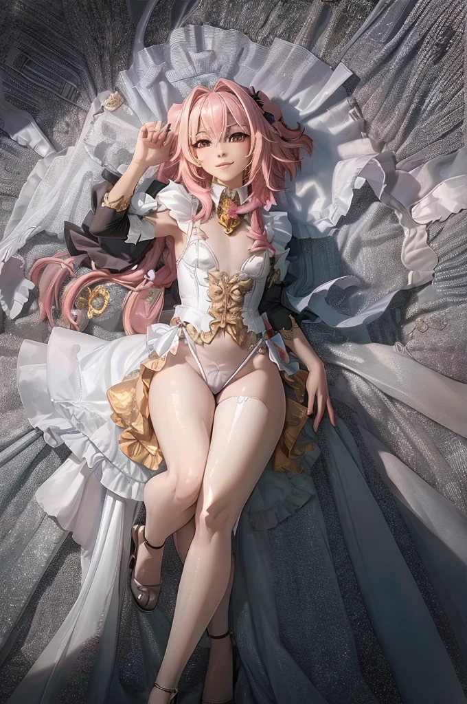 Ultra-detailed illustrations, masterpiece、Highest quality, ((masterpiece)), ((best quality)), (detailed), astolfo, Beautiful, Beautiful and slim perfect body, Beautiful body, slim body, flat chest, not breasts, very sexy smile, sexy smile, femboy, boy, bright pink hair, very high ponytail, really spiky hair, messy hair, short hair, a long braid, lock of white hair on left side, perfect, solo, gorgeous femenine person, one piece dress, really long opened dress, really long dress, really long opened dress, really long opened dress from chest, really long gala dress, really long open gala dress, really long dress without shoulder, small bulge, thong bulge, bikini bulge, luscious lips, long hair, not breasts, sexy, mini skirt, seda skirt, black thong, high heels, not female in picture, photo pose, mini thong, long braid, femboy, Walking, happy, sexy, micro thong, cute bulge, micro crop top, sexy mini skirt, sexy pose, not penis, not nipples, only astolfo, picture of all body, pink hair, formal blouse, happy smile, long latex gloves, bikini bulge, golden dress, high heels, close legs, not open legs